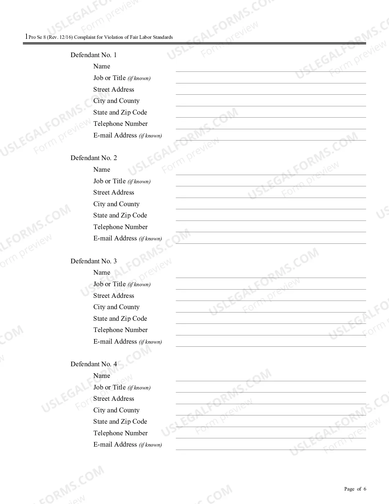 Preview Complaint for Violations of Fair Labor Standards