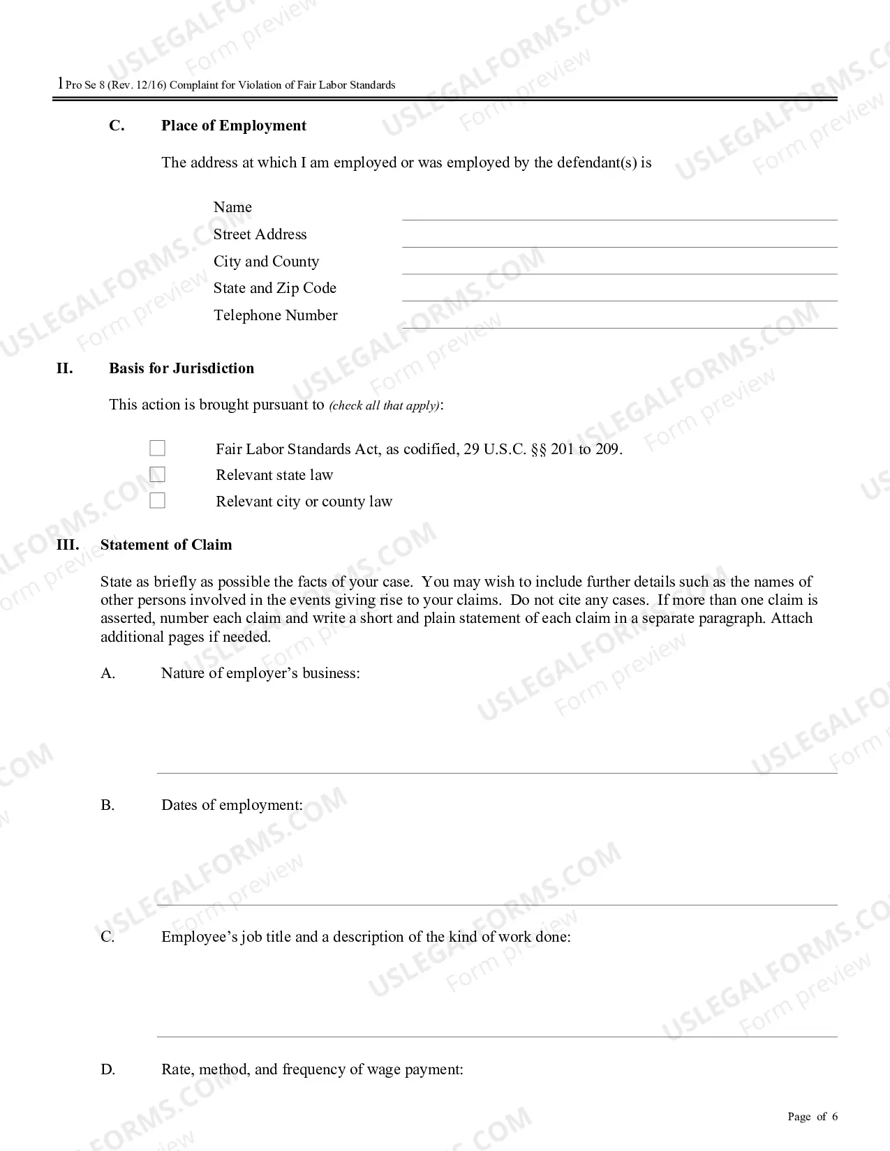 Preview Complaint for Violations of Fair Labor Standards