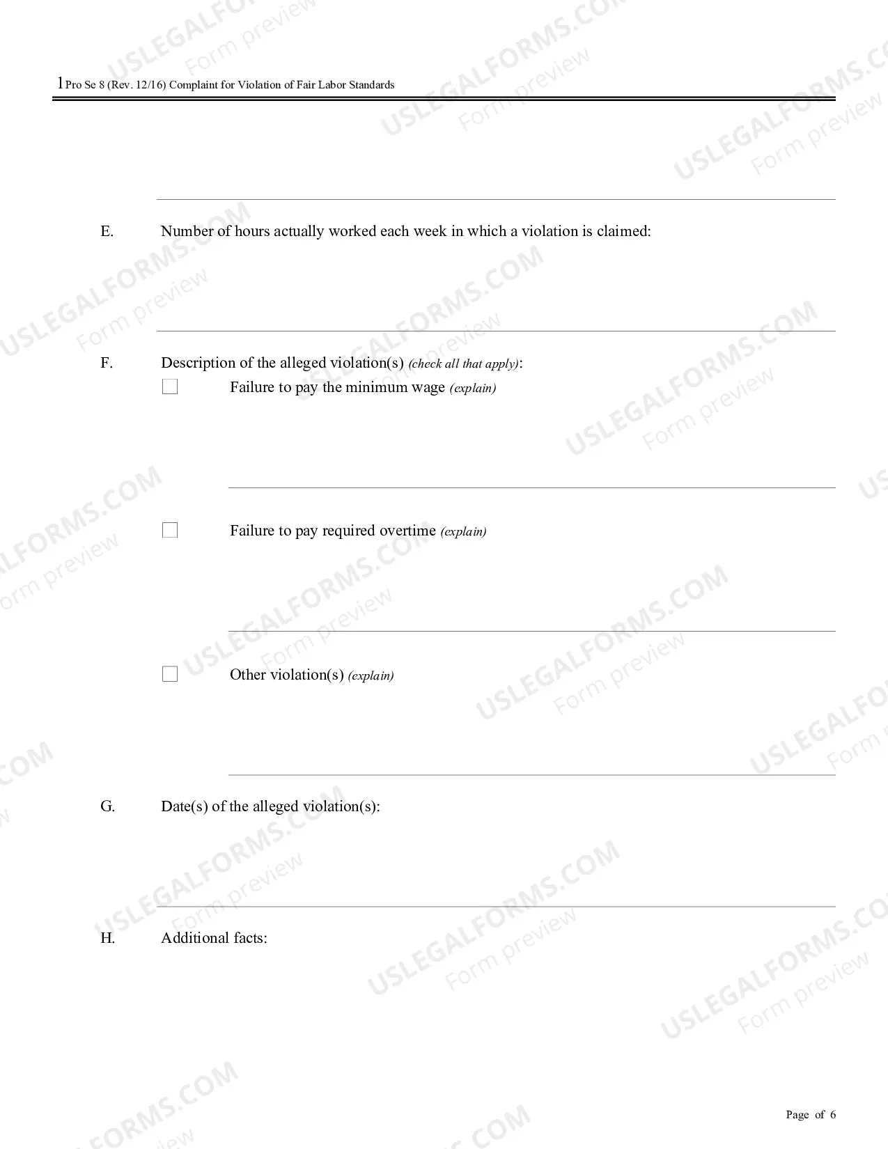 Preview Complaint for Violations of Fair Labor Standards