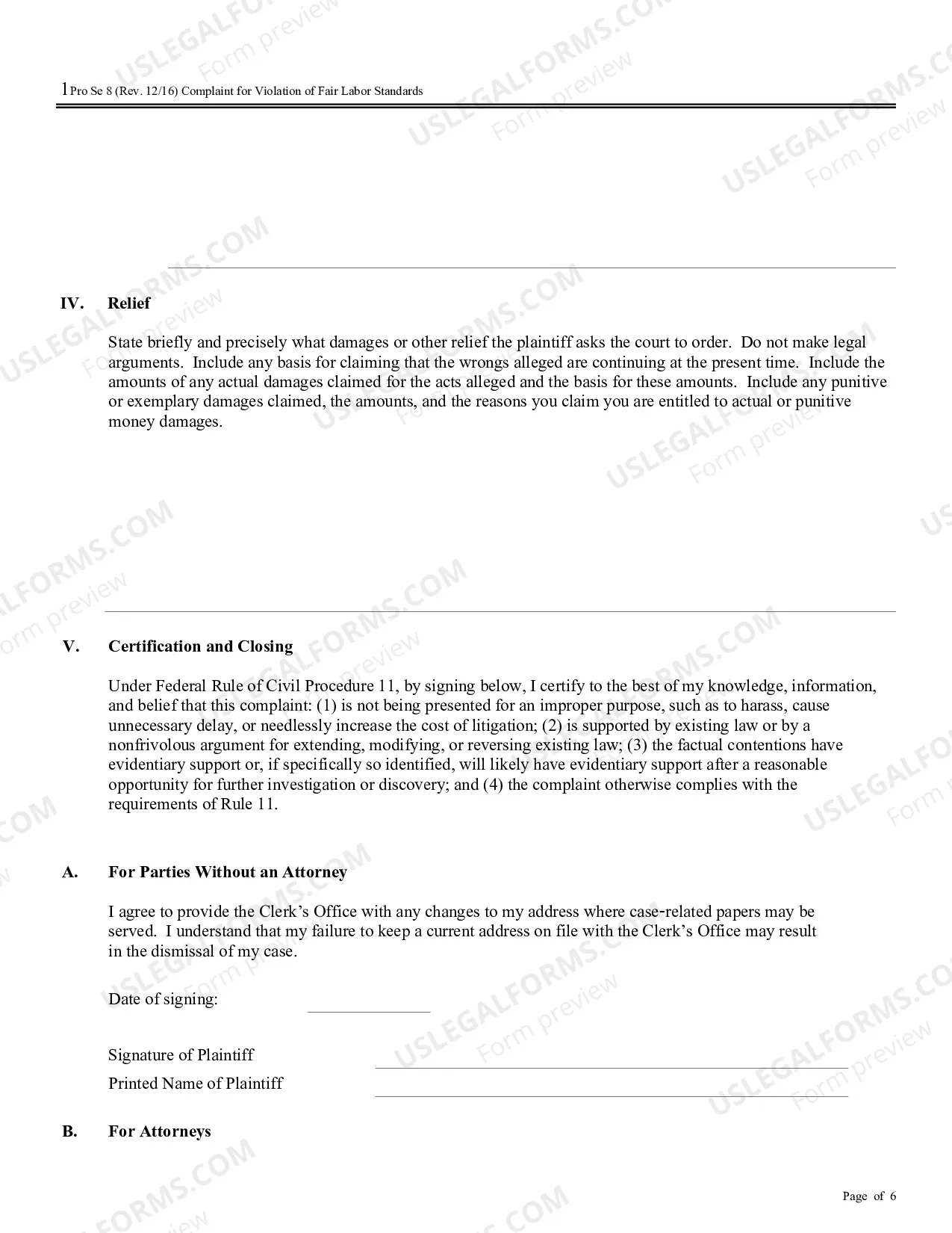 Preview Complaint for Violations of Fair Labor Standards