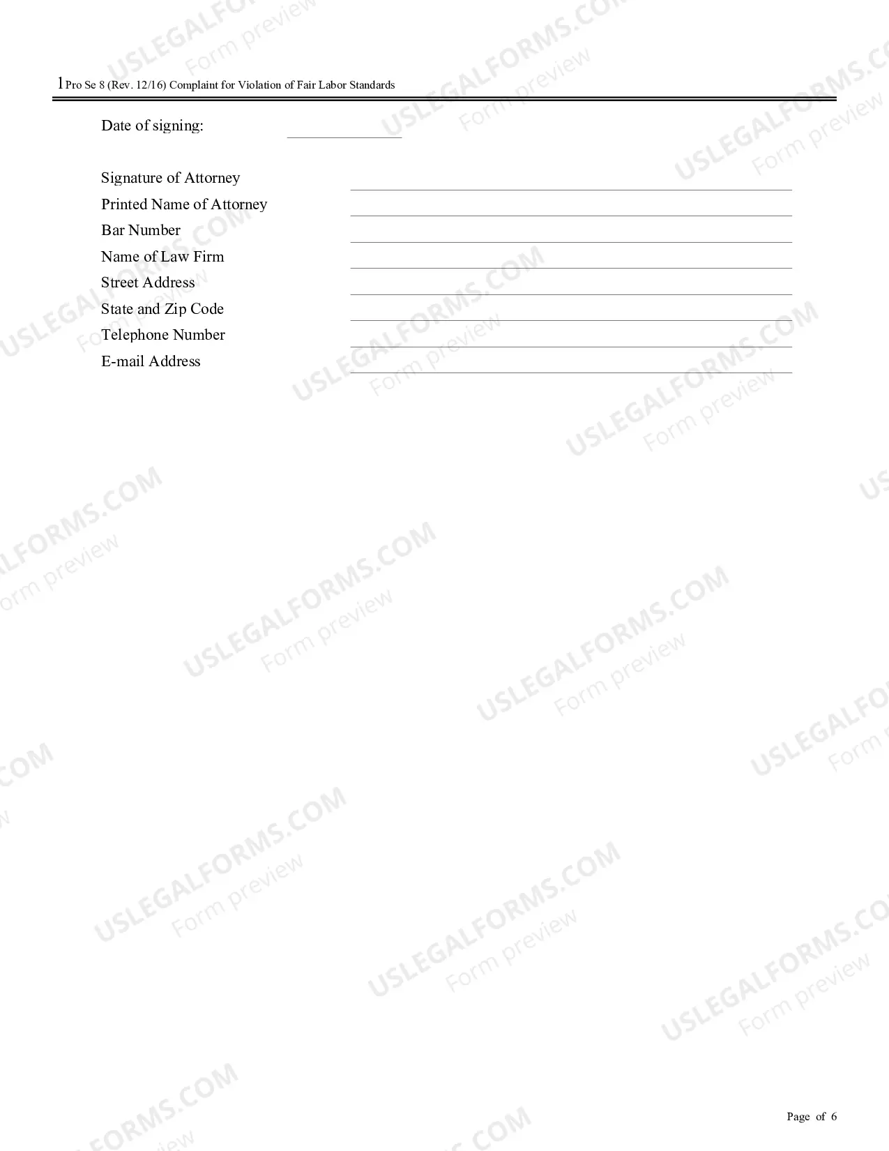 Preview Complaint for Violations of Fair Labor Standards
