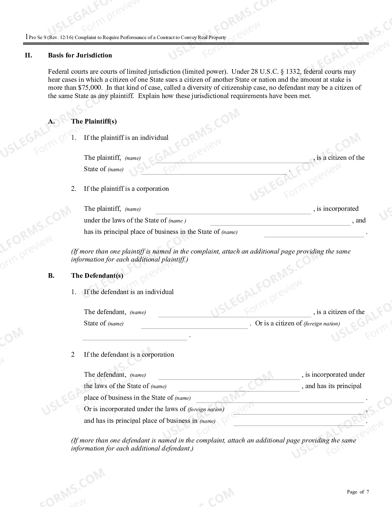 Preview Complaint for Specific Performance or Damages Based on a Contract to Convey Real Property