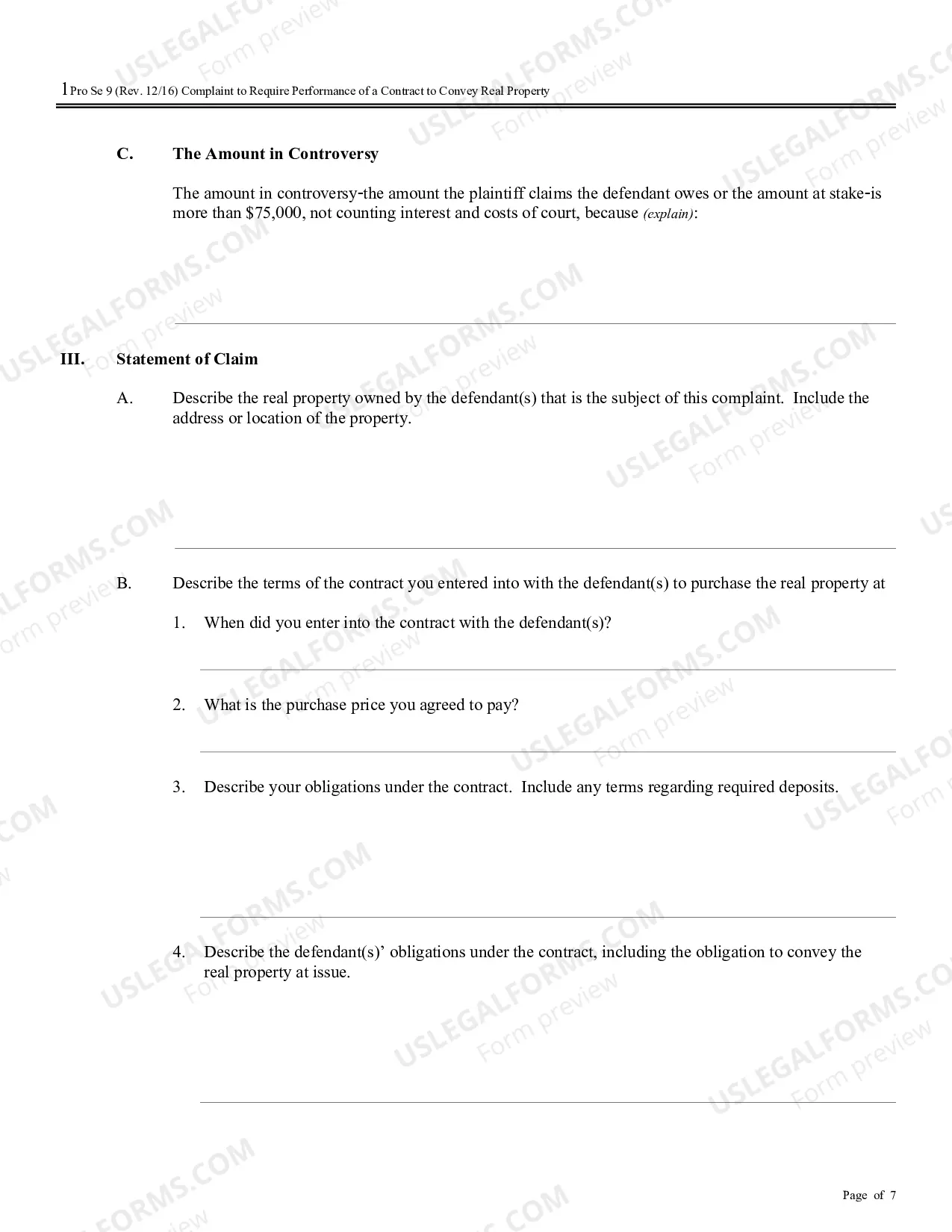 Preview Complaint for Specific Performance or Damages Based on a Contract to Convey Real Property