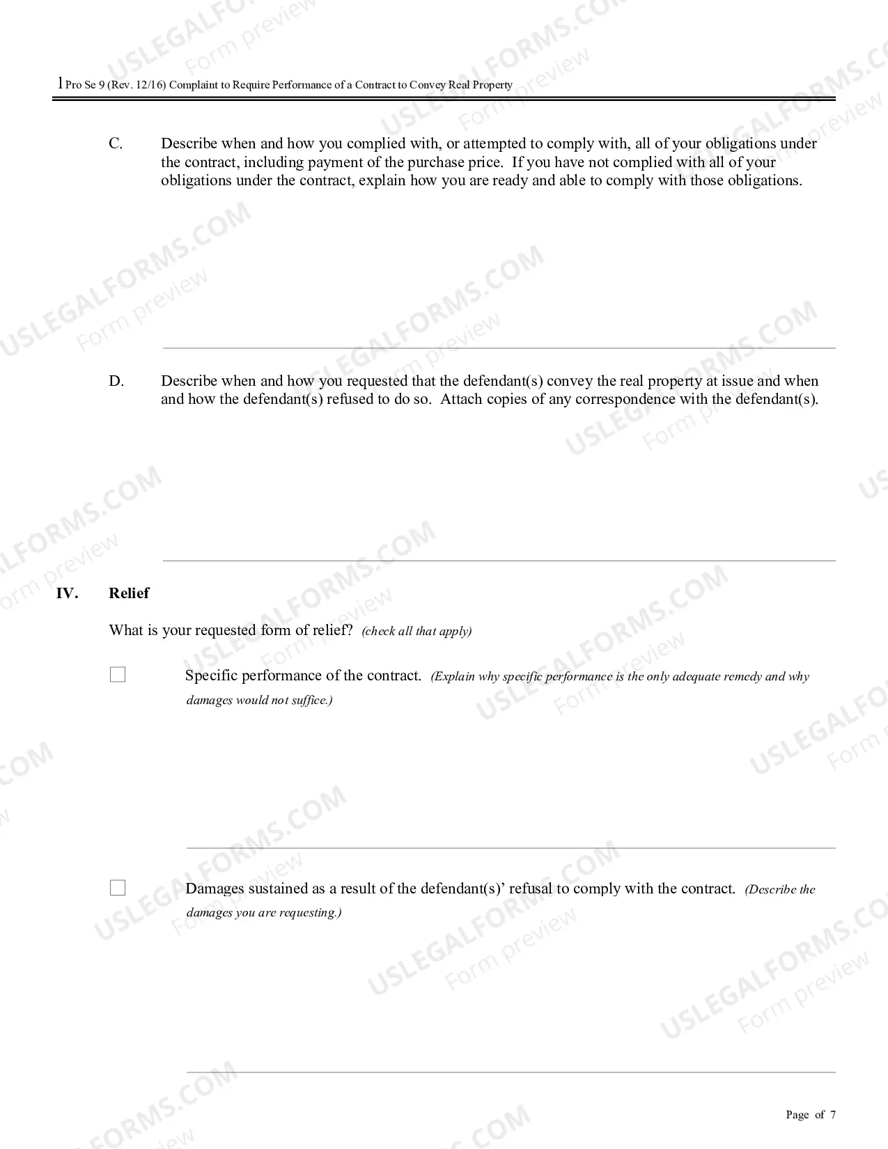 Preview Complaint for Specific Performance or Damages Based on a Contract to Convey Real Property