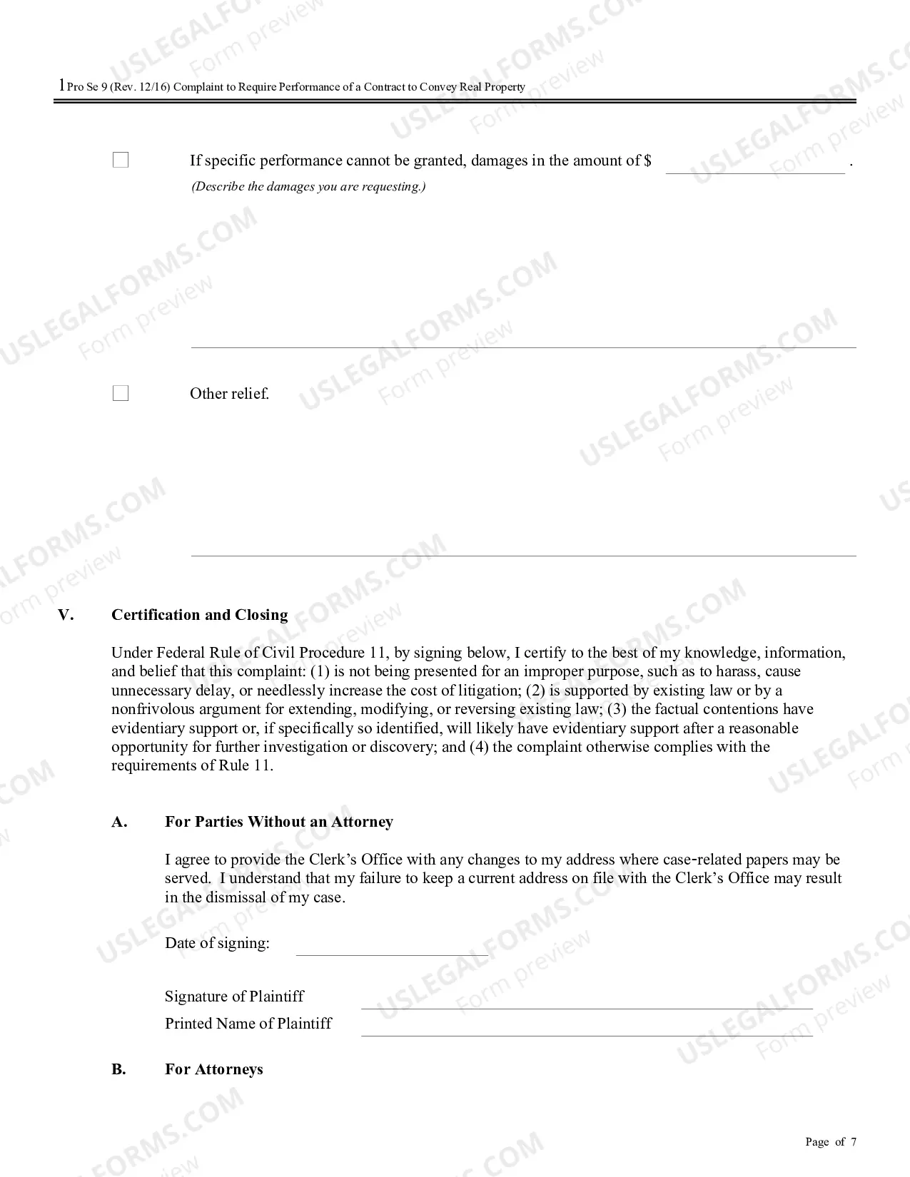 Preview Complaint for Specific Performance or Damages Based on a Contract to Convey Real Property