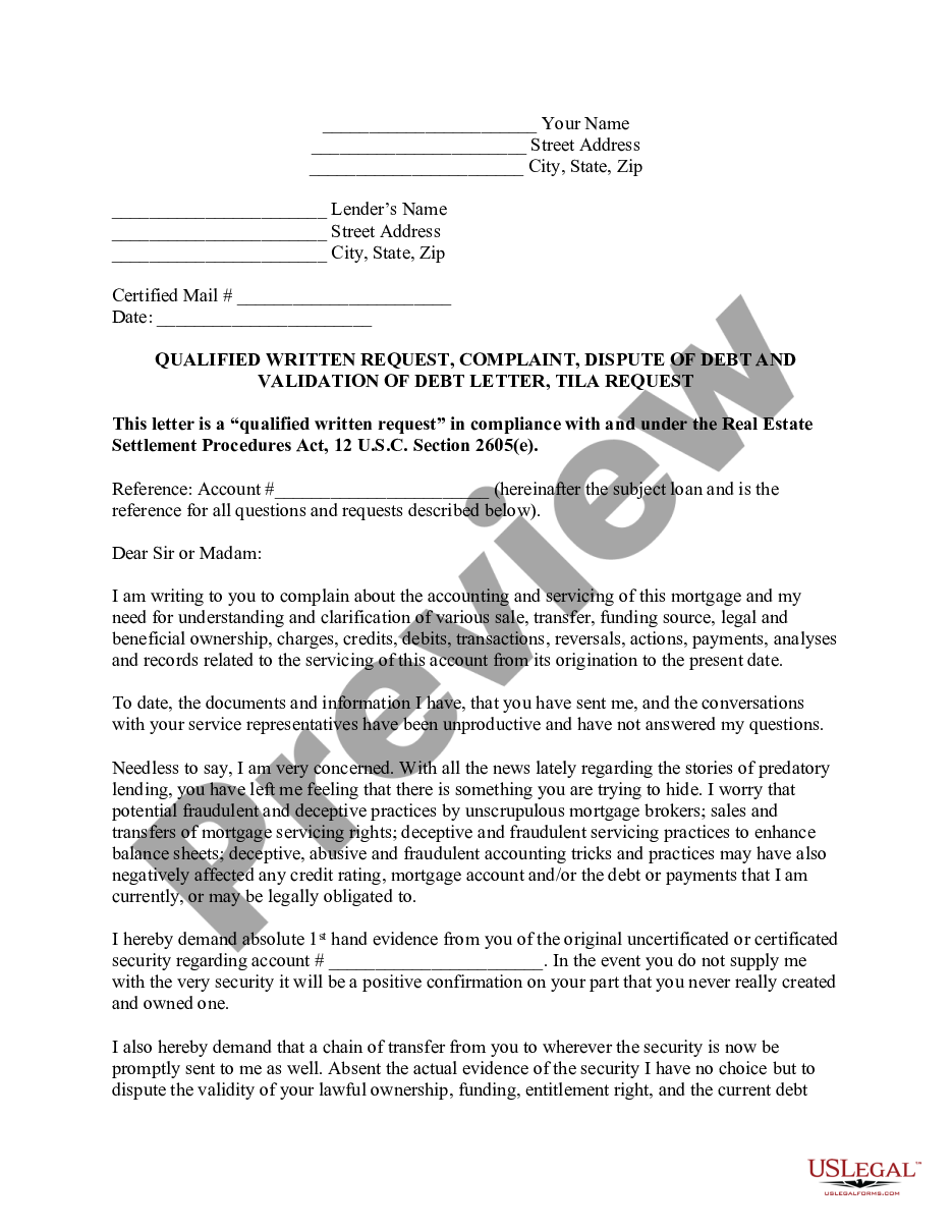 Qualified Written RESPA Request to Dispute or Validate Debt Qualified