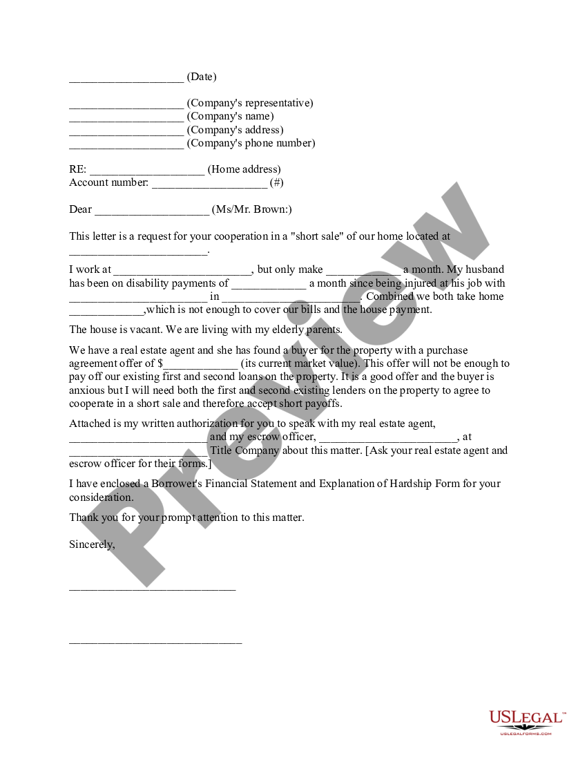 Sample Letter for Short Sale Request to Lender - Sample Letter Sale