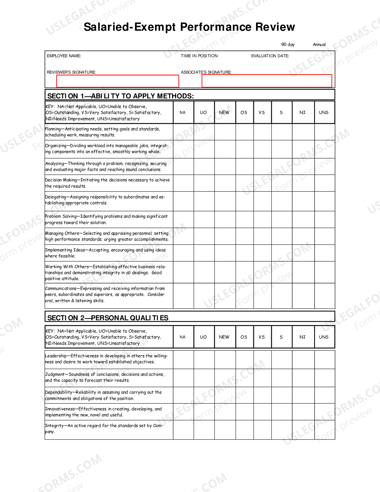 Salary Exempt Employee Review and Evaluation Form US Legal Forms