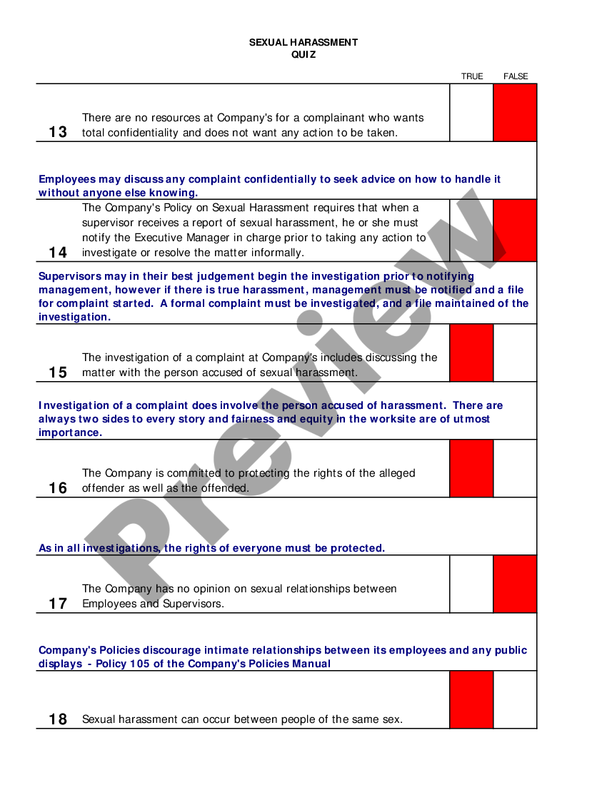 Kings New York Sexual Harassment Quiz With Answer Key Workplace Us Legal Forms 0031