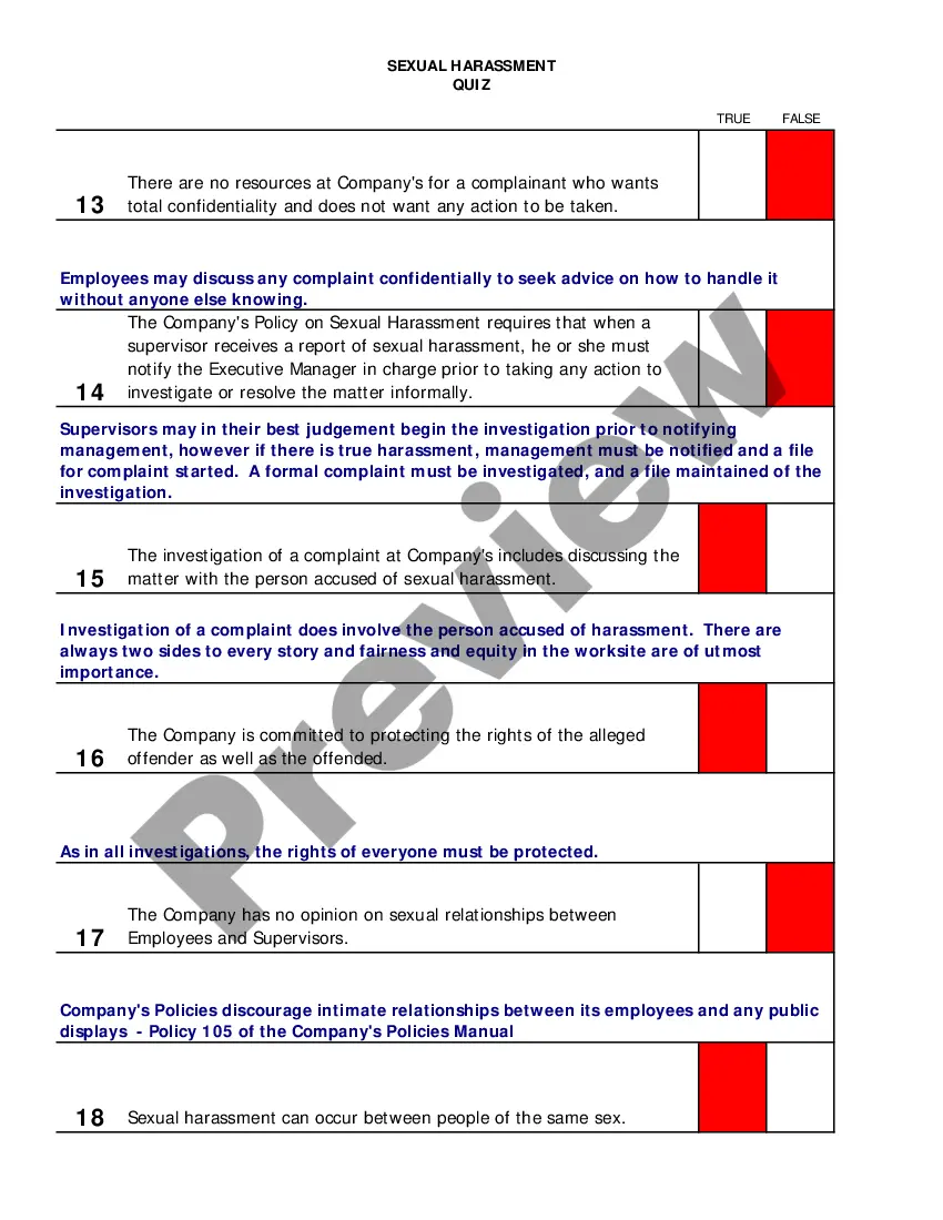 San Jose California Sexual Harassment Quiz with Answer Key - Workplace -  Workplace Harassment Quiz Answers | US Legal Forms