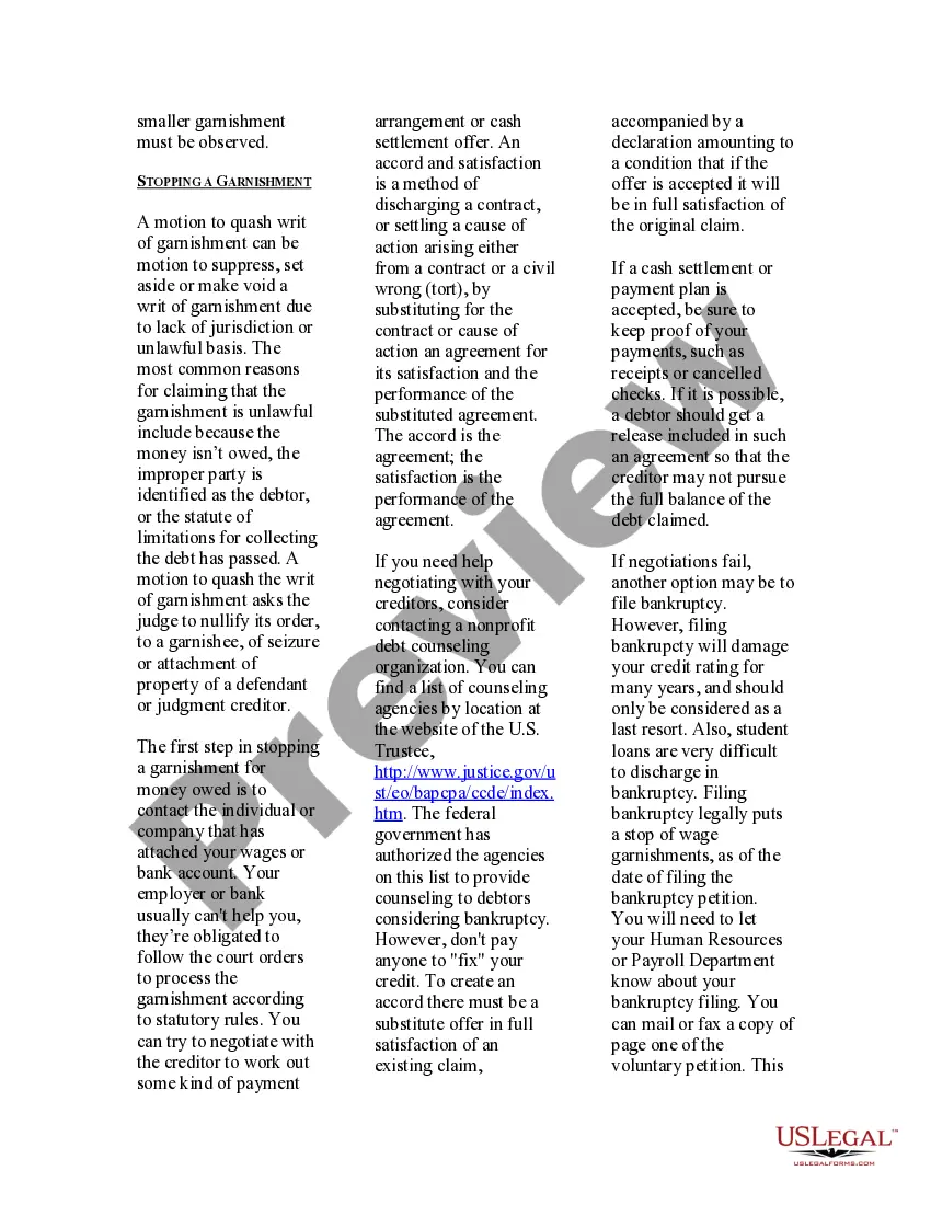 Get USLegal Guide on How to Stop Garnishment Preview USLegal Guide on How to Stop Garnishment