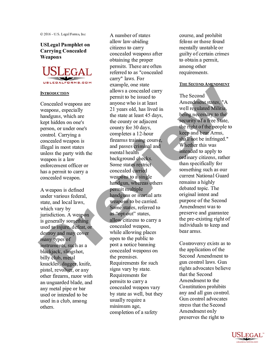 page 0 USLegal Guide on Carrying Concealed Weapons - Guns or Firearms preview