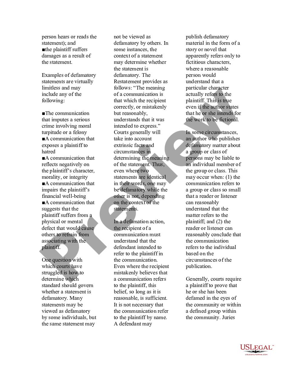 page 1 USLegal Guide to Defamation; Libel and Slander  preview