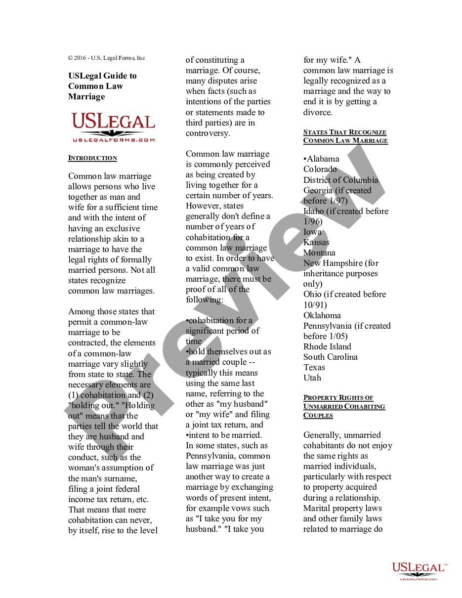 page 0 USLegal Guide to Common Law Marriage preview