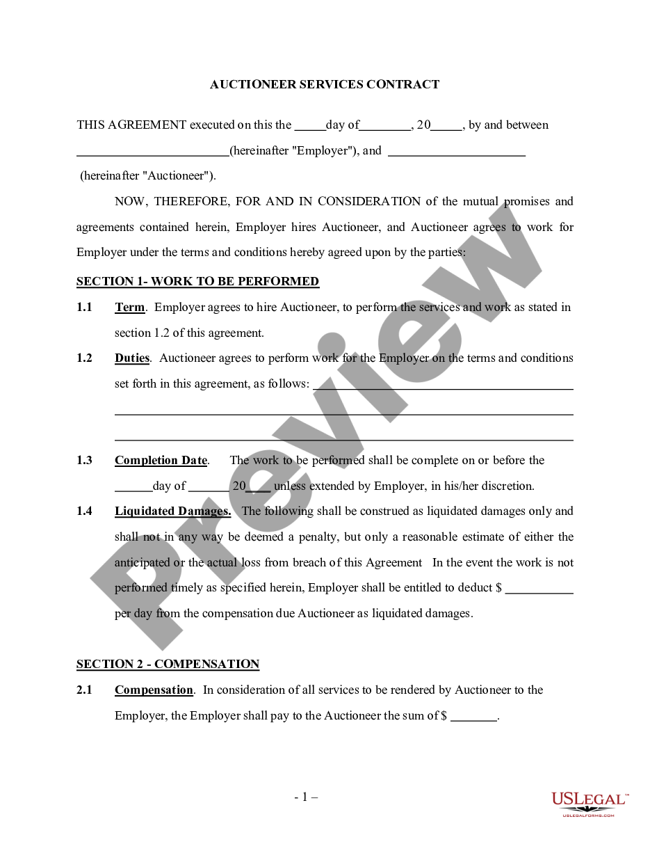 page 0 Auctioneer Services Contract - Self-Employed Independent Contractor preview