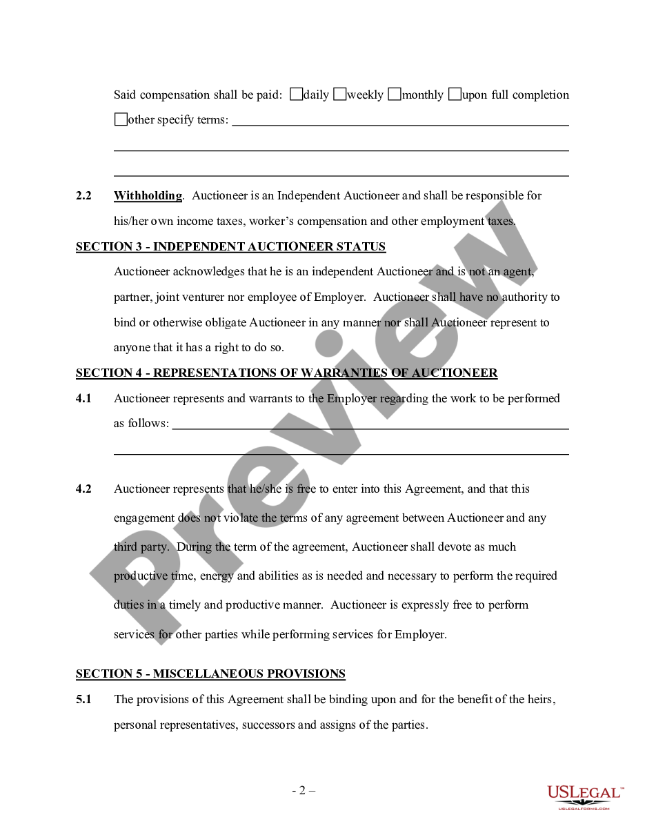 page 1 Auctioneer Services Contract - Self-Employed Independent Contractor preview