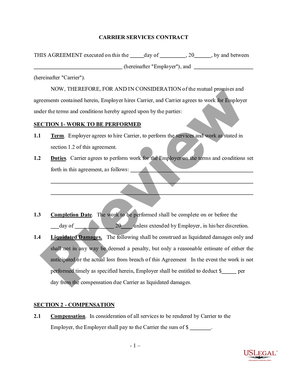 page 0 Carrier Services Contract - Self-Employed Independent Contractor preview