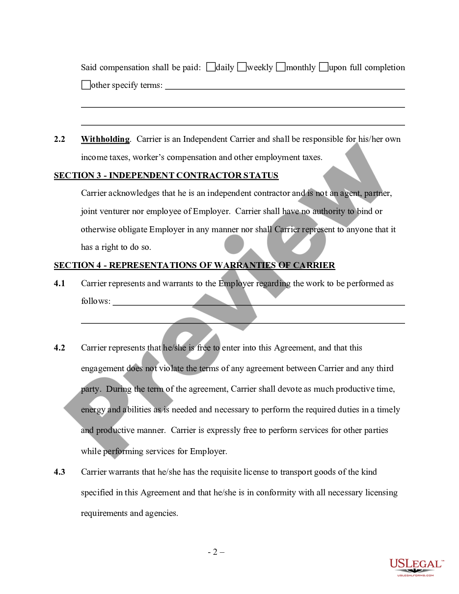 page 1 Carrier Services Contract - Self-Employed Independent Contractor preview