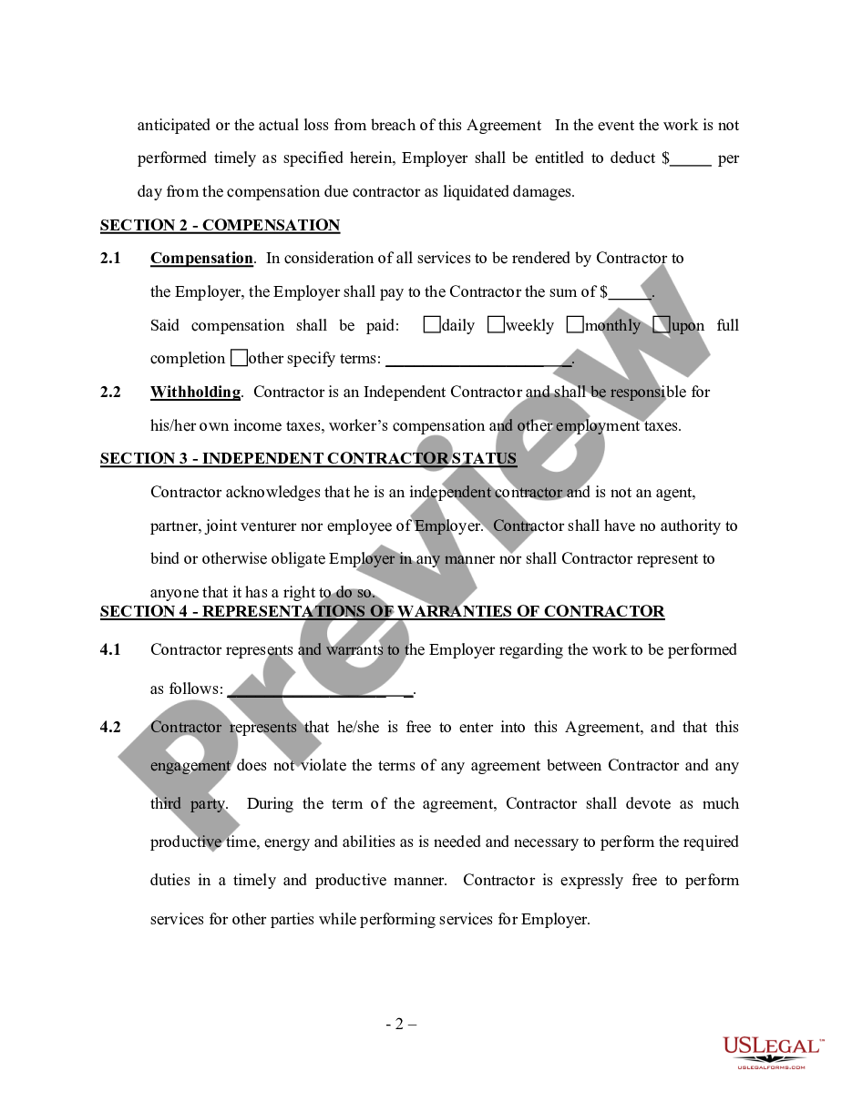 Concrete Contractor Agreement - Self-Employed - Basic Contract For