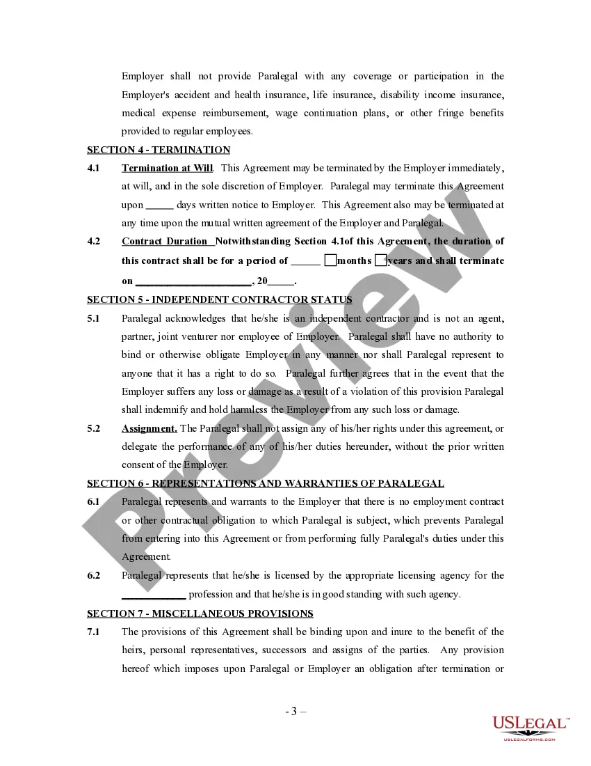 Preview Paralegal Agreement - Self-Employed Independent Contractor