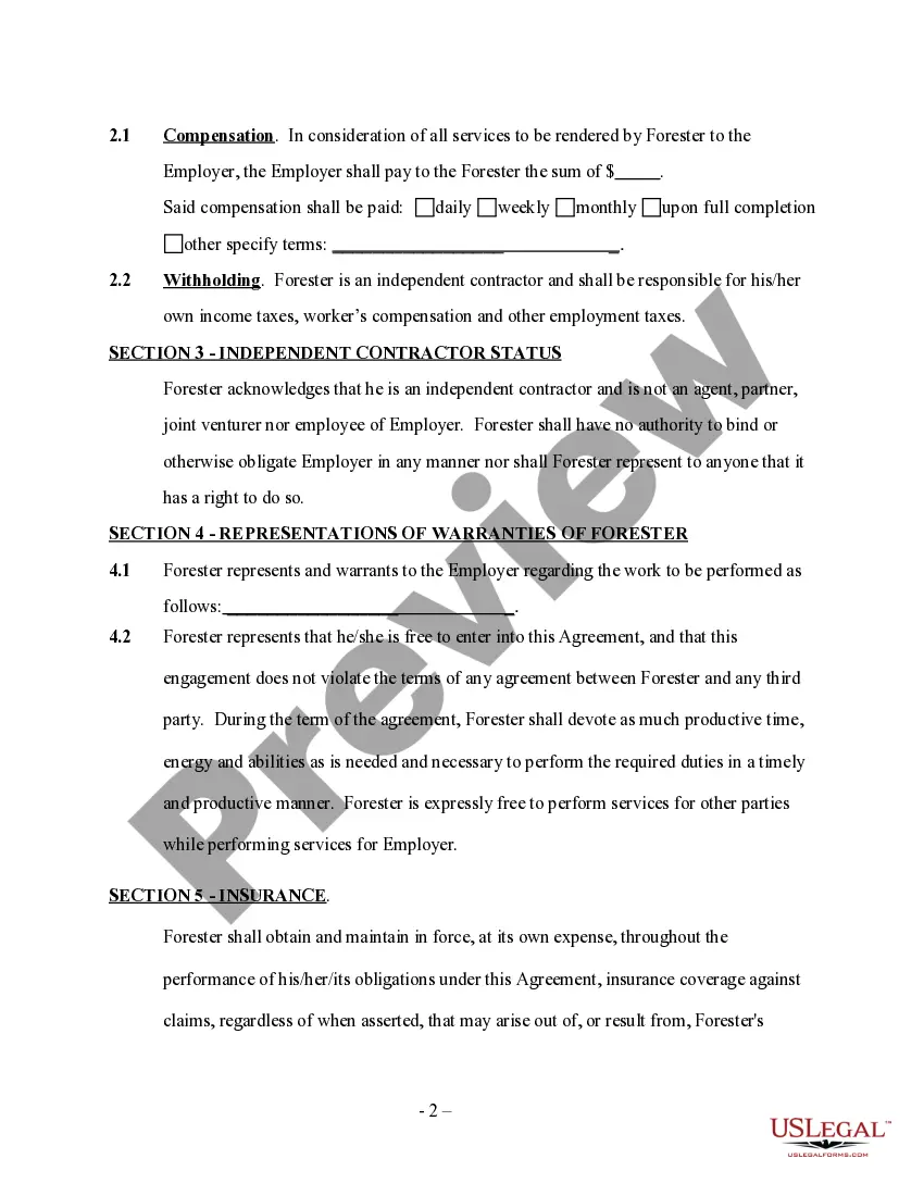 Preview Forester Agreement - Self-Employed Independent Contractor