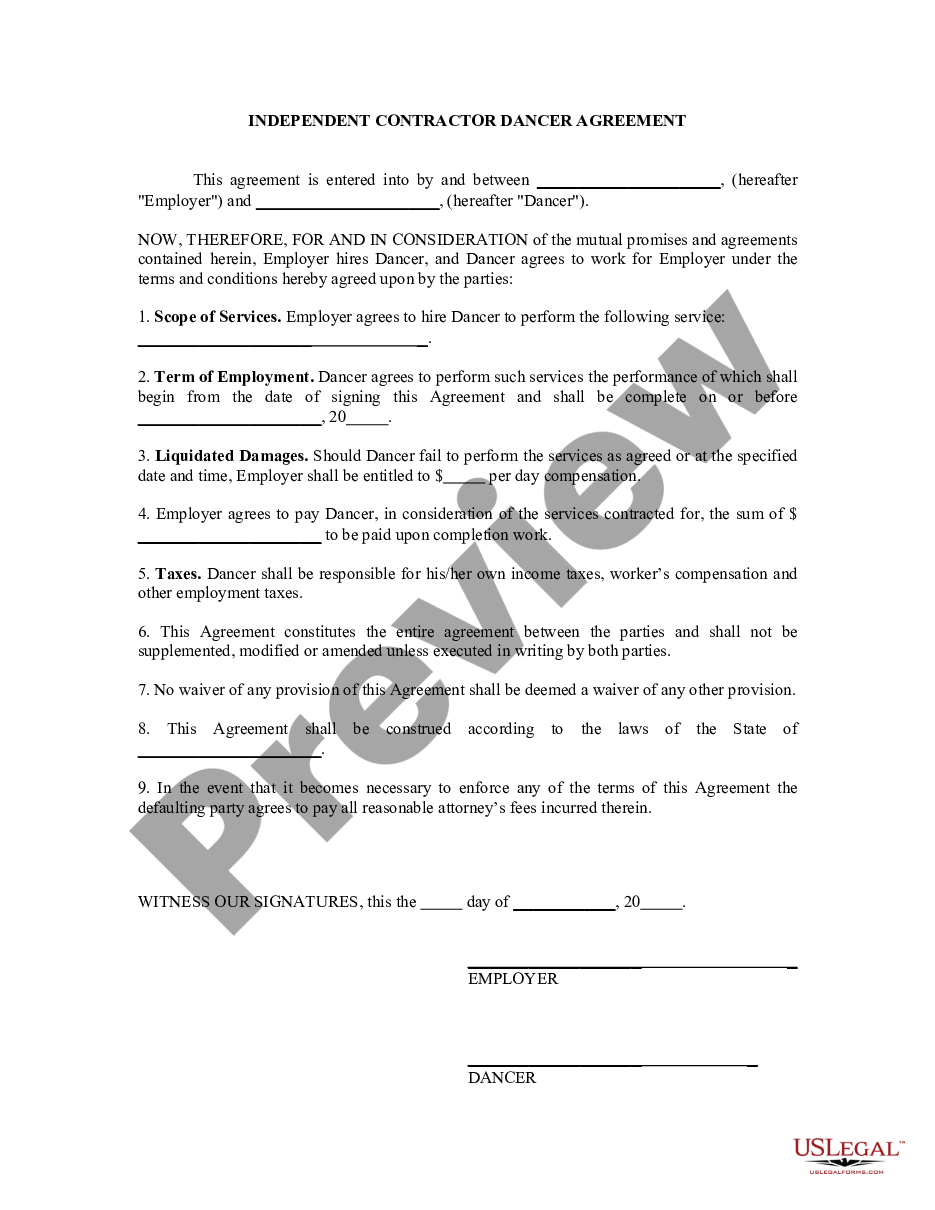 Alabama Dancer Agreement SelfEmployed Independent Contractor Dance