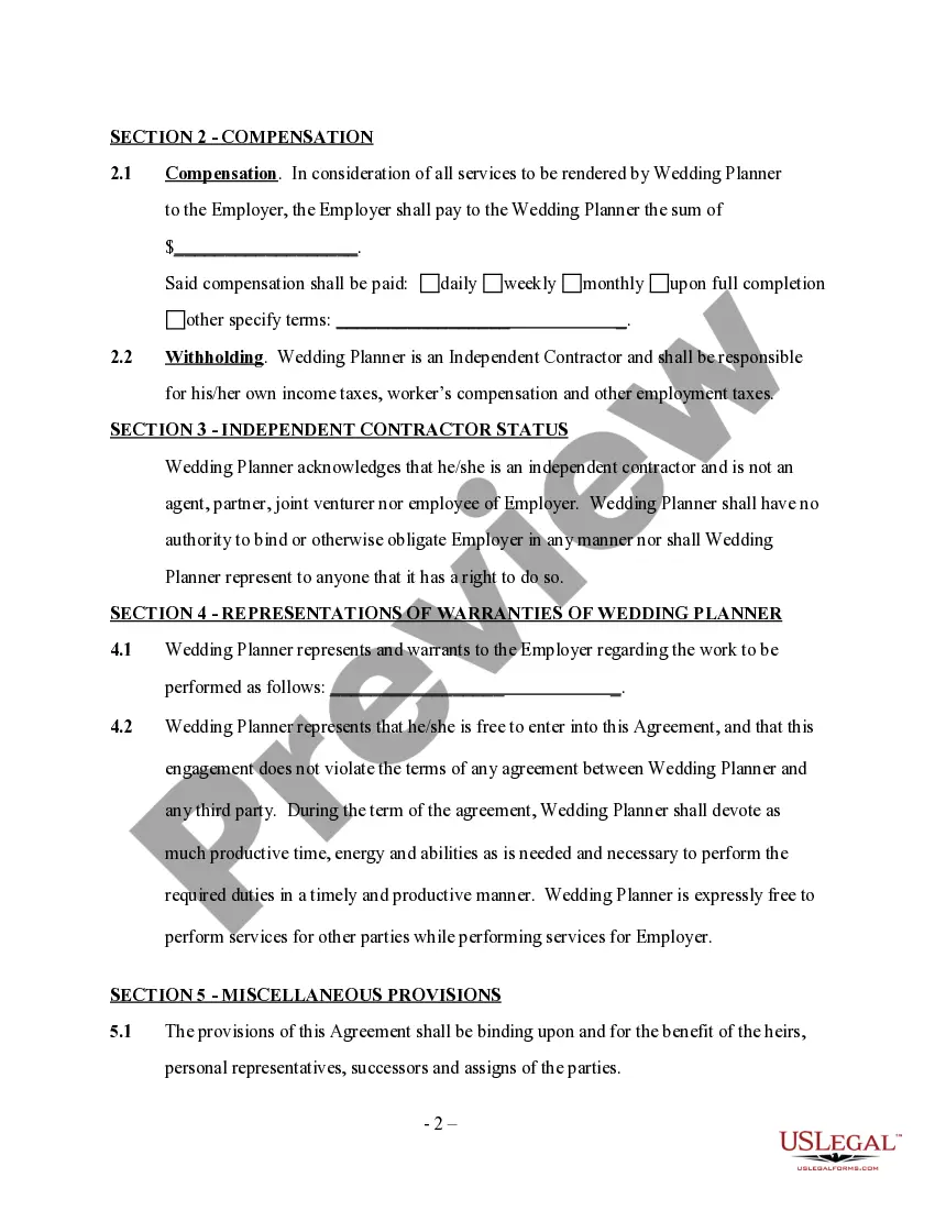 Get Wedding Planner or Consultant Services Contract - Self-Employed Preview Wedding Planner or Consultant Services Contract - Self-Employed