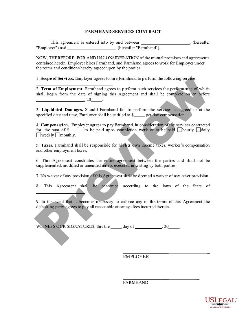 Illinois Farm Hand Services Contract Self Employed Farm Hand Agreement US Legal Forms