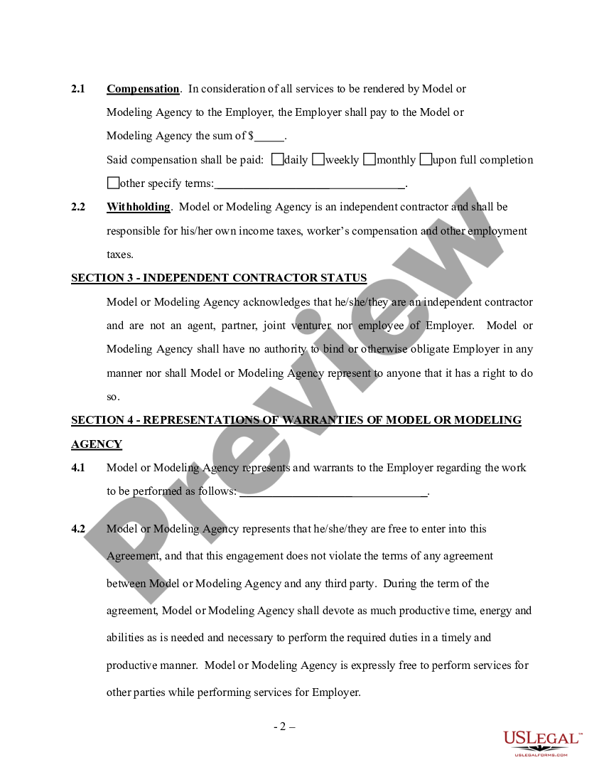 Modeling Services Contract - Self-Employed - Modeling Contract | US Legal Forms
