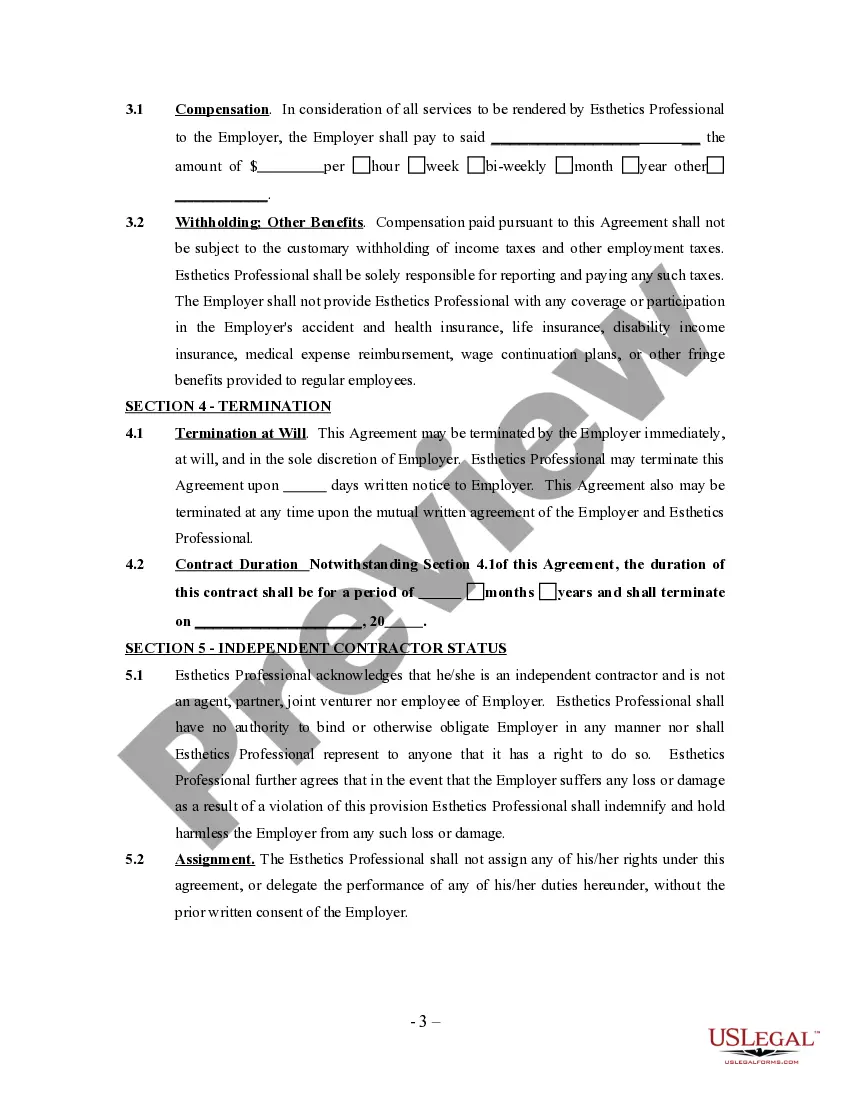 Preview Self-Employed Independent Contractor Esthetics Agreement