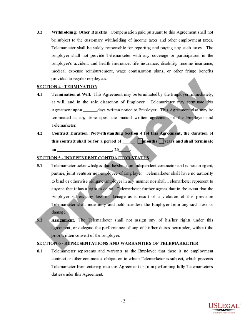 Preview Telemarketing Agreement - Self-Employed Independent Contractor