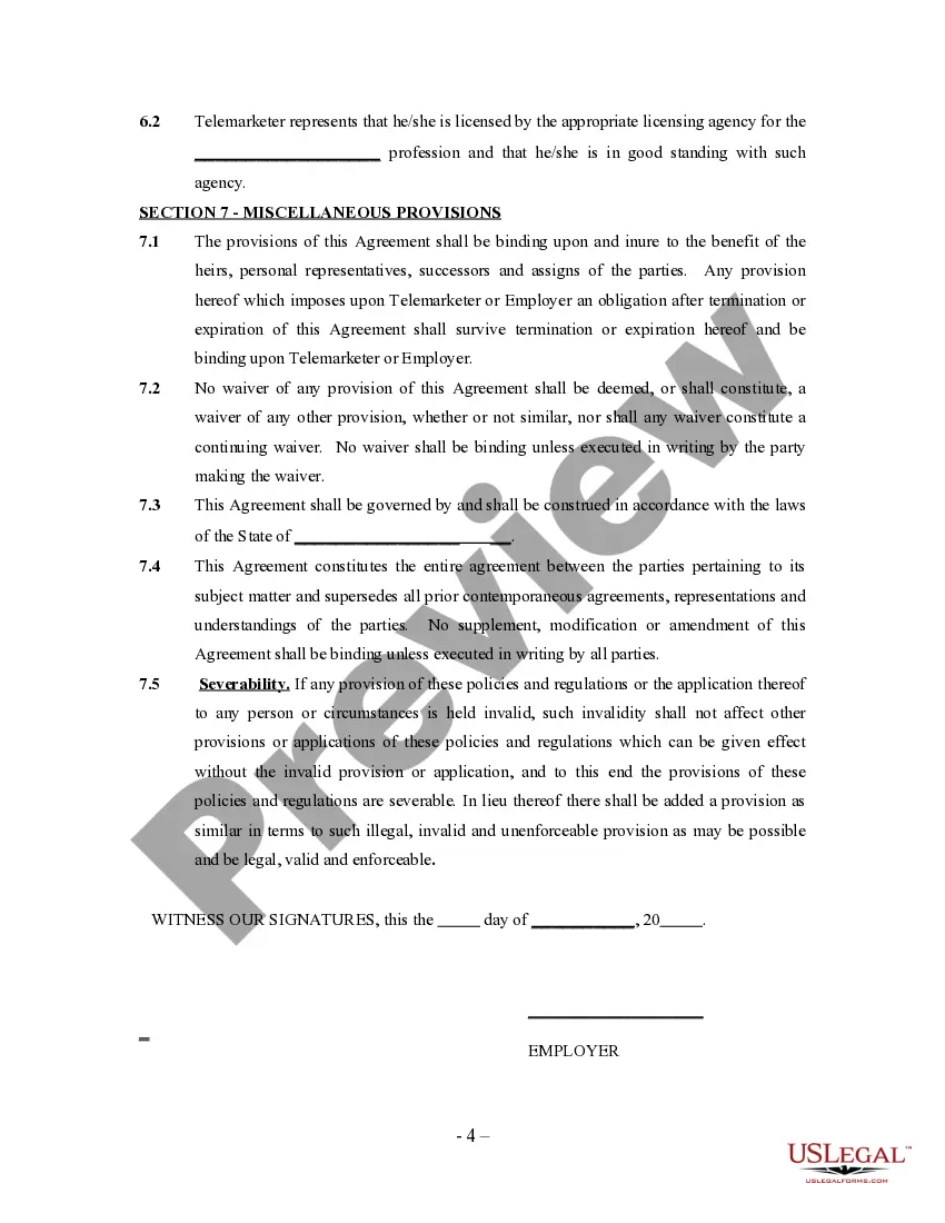 Preview Telemarketing Agreement - Self-Employed Independent Contractor