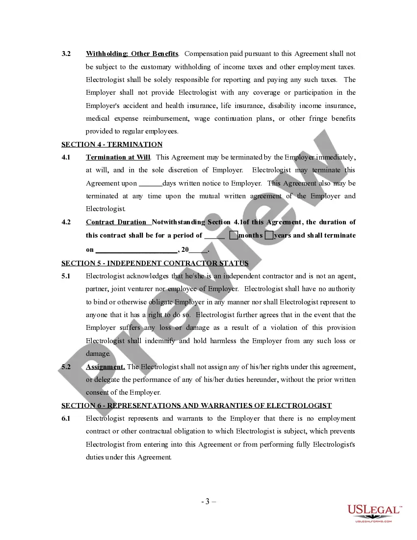 Get Electrologist Agreement - Self-Employed Independent Contractor Preview Electrologist Agreement - Self-Employed Independent Contractor