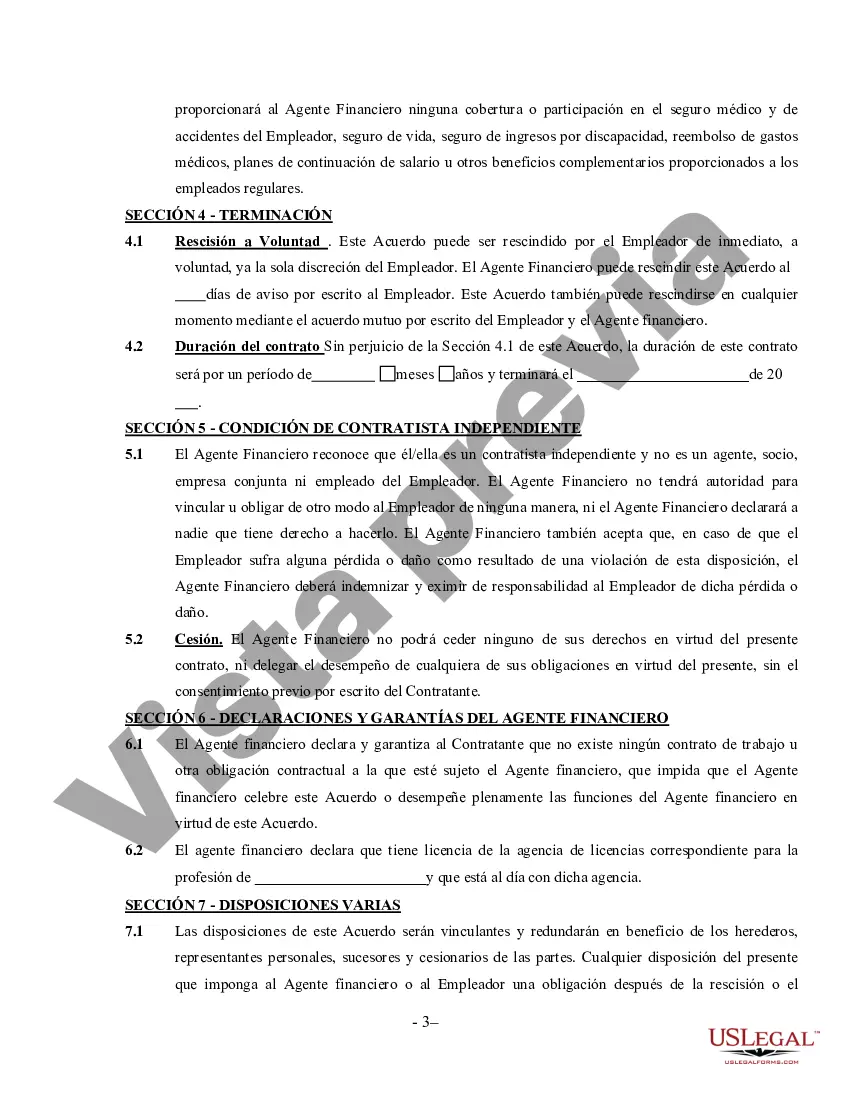 Preview Acuerdo de agente de servicios financieros: contratista independiente que trabaja por cuenta propia