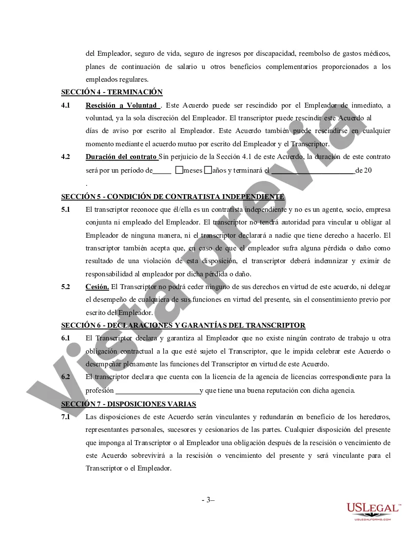 Preview Acuerdo de Transcriptor Médico - Contratista Independiente Trabajador por Cuenta Propia