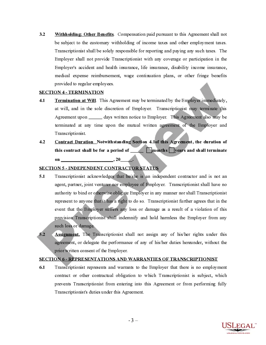 Preview Medical Transcriptionist Agreement - Self-Employed Independent Contractor