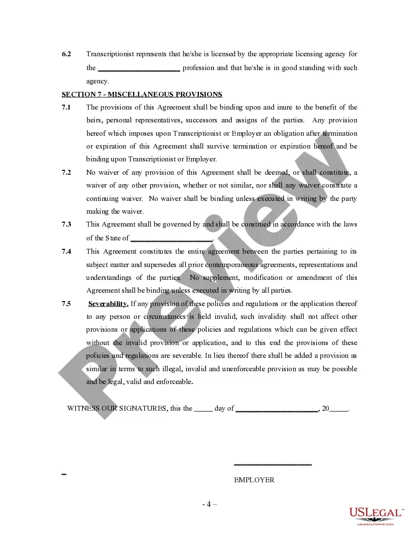 Preview Medical Transcriptionist Agreement - Self-Employed Independent Contractor