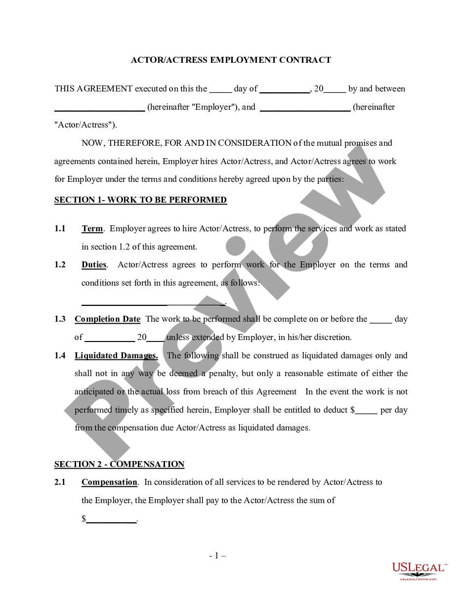 page 0 Actor - Actress Employment Agreement - Self-Employed Independent Contractor preview