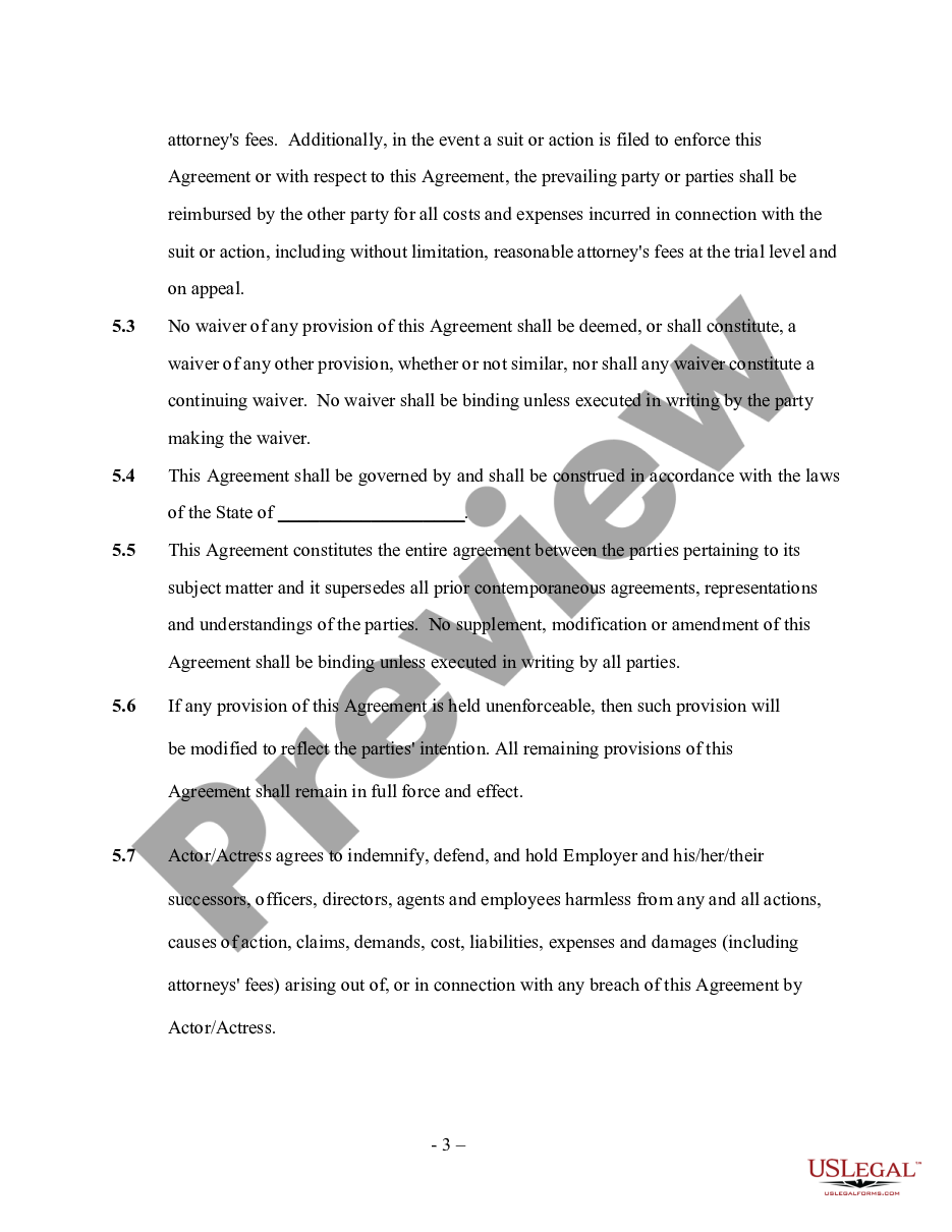 page 2 Actor - Actress Employment Agreement - Self-Employed Independent Contractor preview