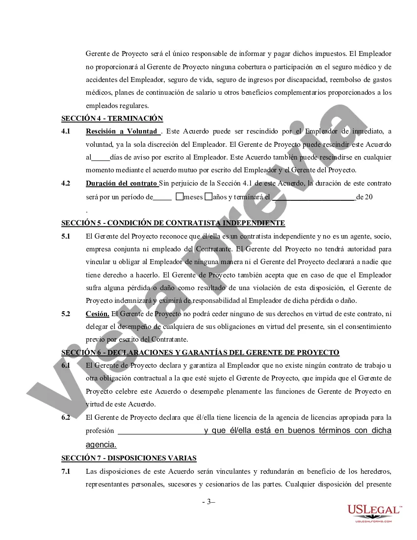 Preview Acuerdo de Gerente de Proyecto Externo - Contratista Independiente que Trabaja por Cuenta Propia