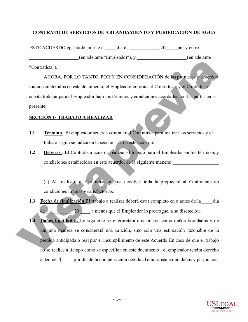 Houston Texas Contrato de Servicios de Depuración y Ablandamiento de Agua -  Autónomo | US Legal Forms