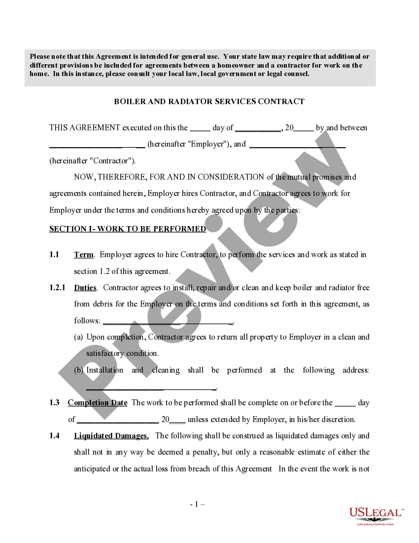 Utah Boiler And Radiator Services Contract SelfEmployed US Legal Forms