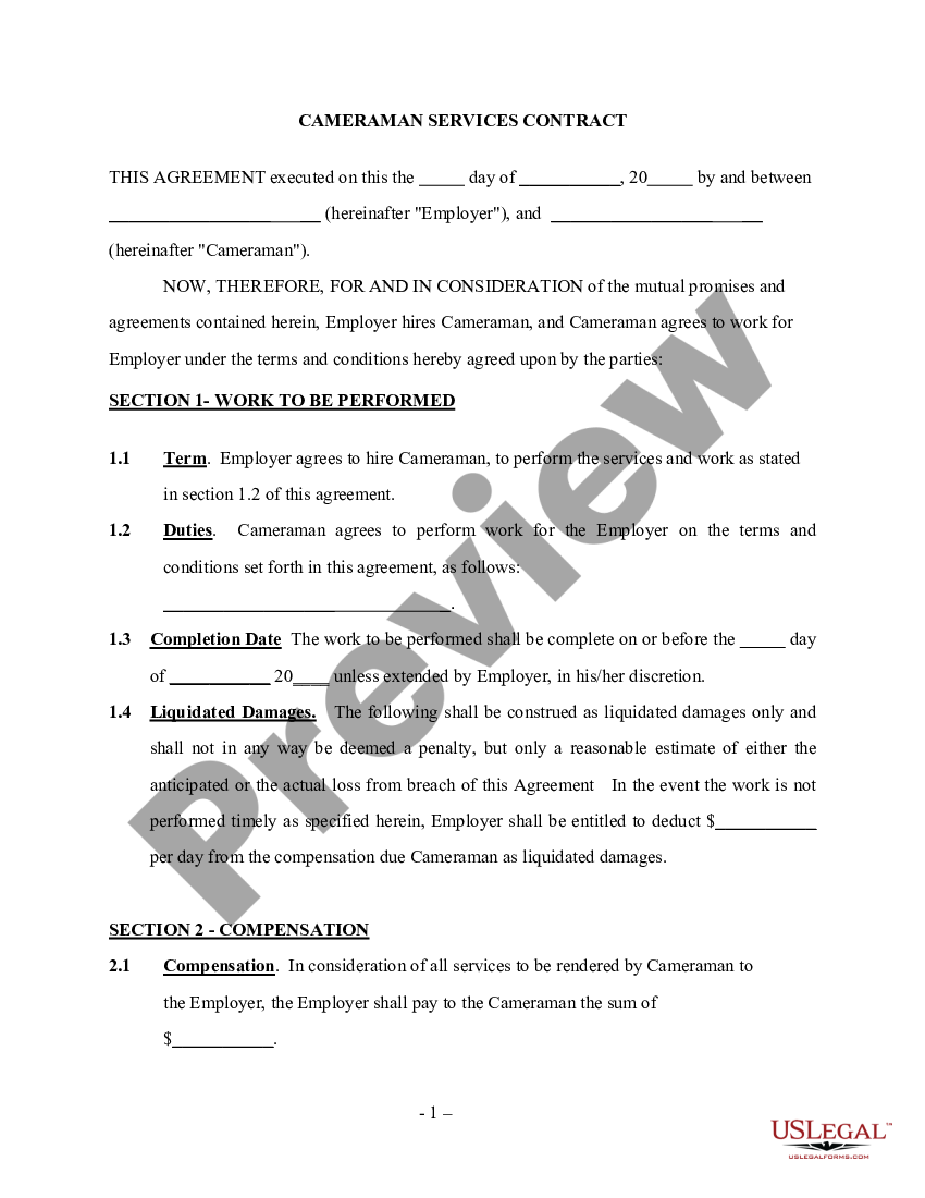 Cameraman Contract Form | US Legal Forms