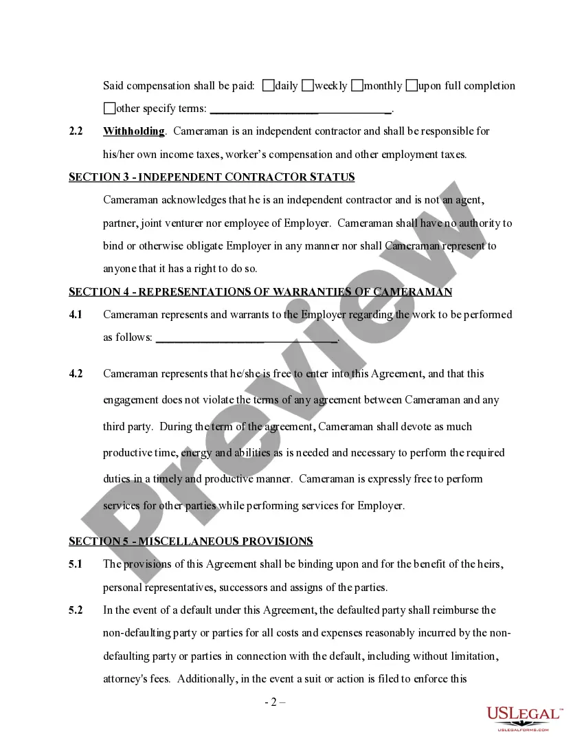 Get Cameraman Services Contract - Self-Employed Preview Cameraman Services Contract - Self-Employed