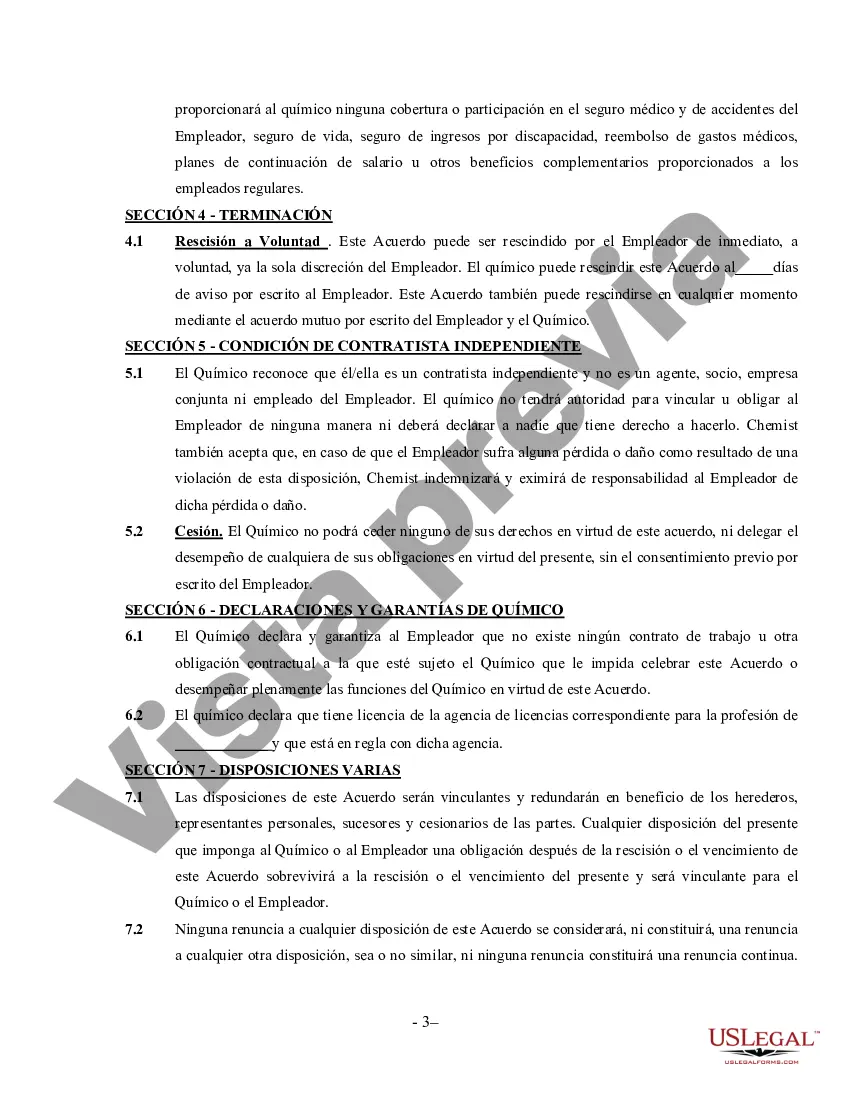 Preview Acuerdo de químico contratista independiente que trabaja por cuenta propia