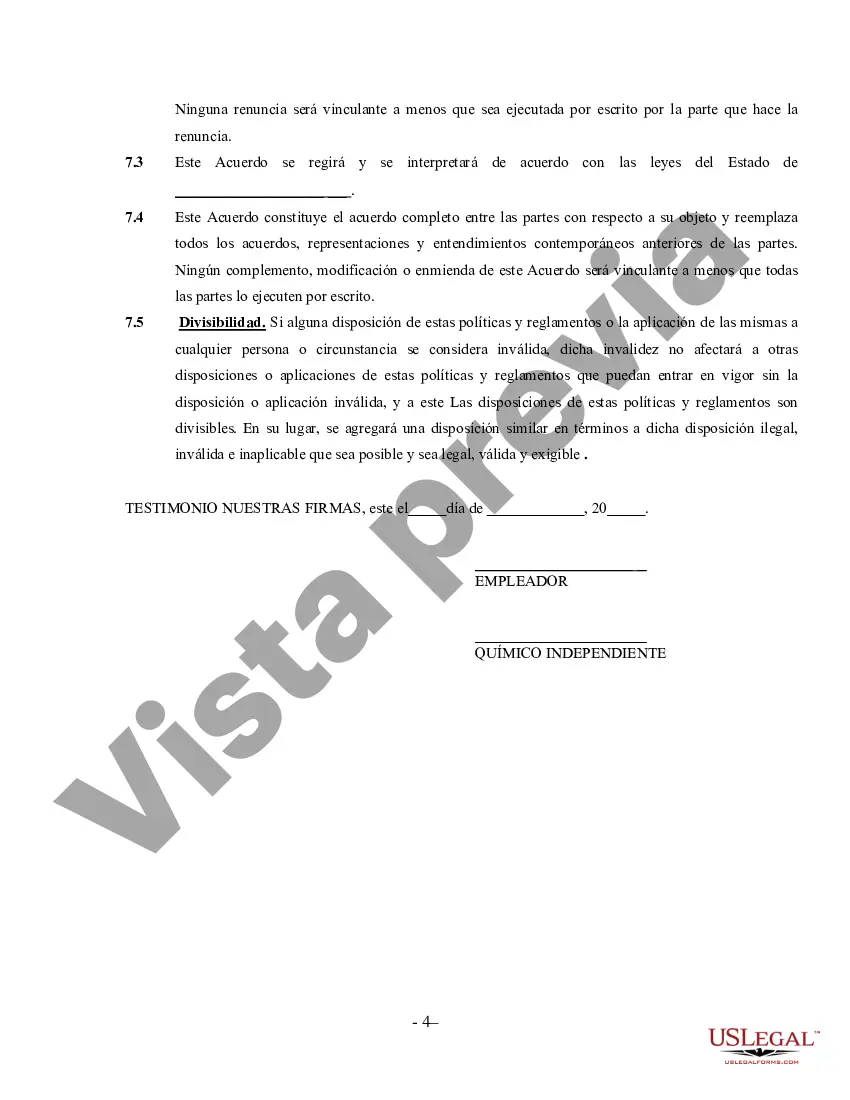 Preview Acuerdo de químico contratista independiente que trabaja por cuenta propia
