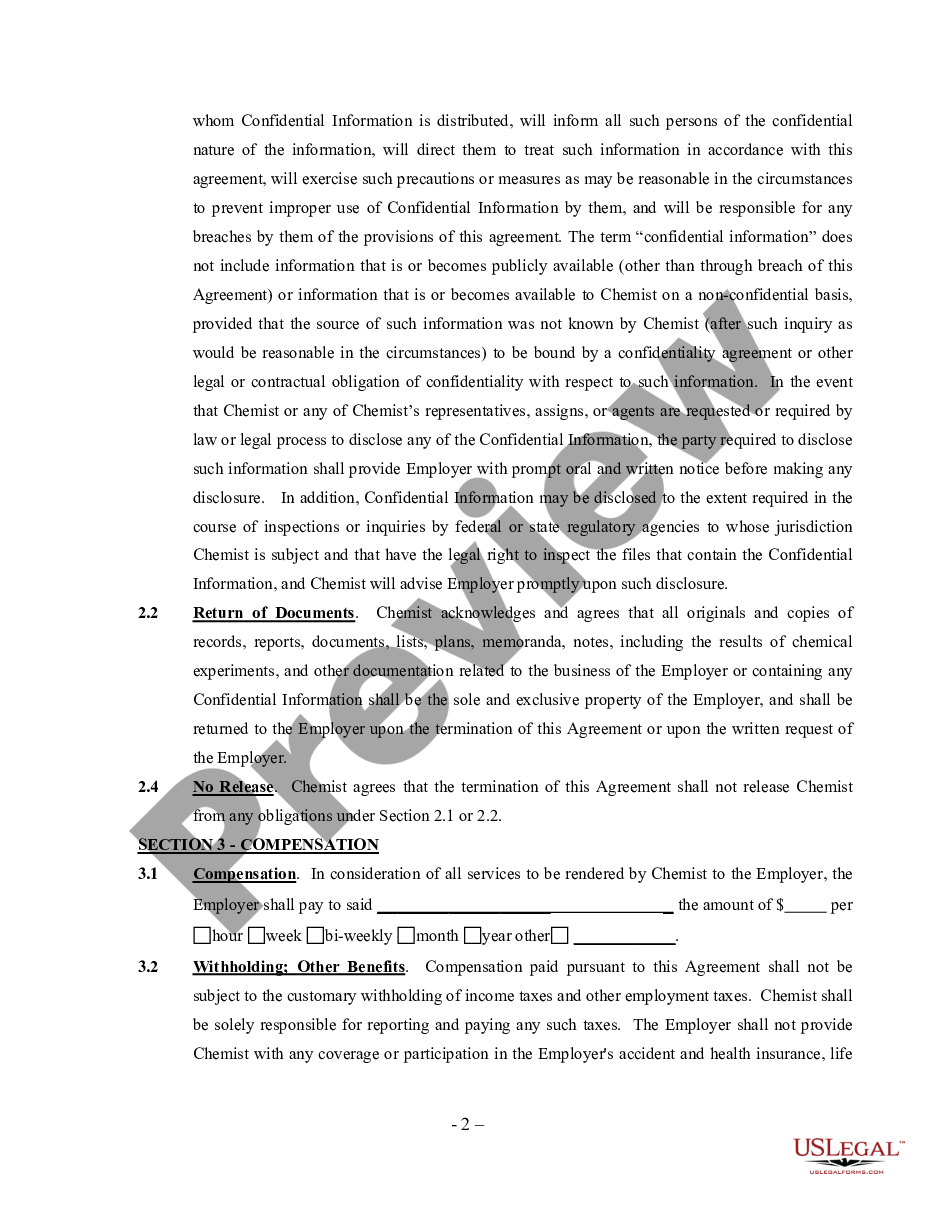 page 1 Self-Employed Independent Contractor Chemist Agreement preview