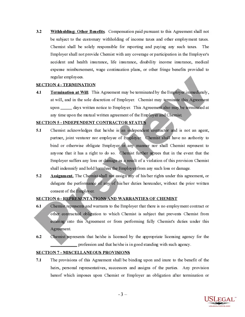 Get Self-Employed Independent Contractor Chemist Agreement Preview Self-Employed Independent Contractor Chemist Agreement