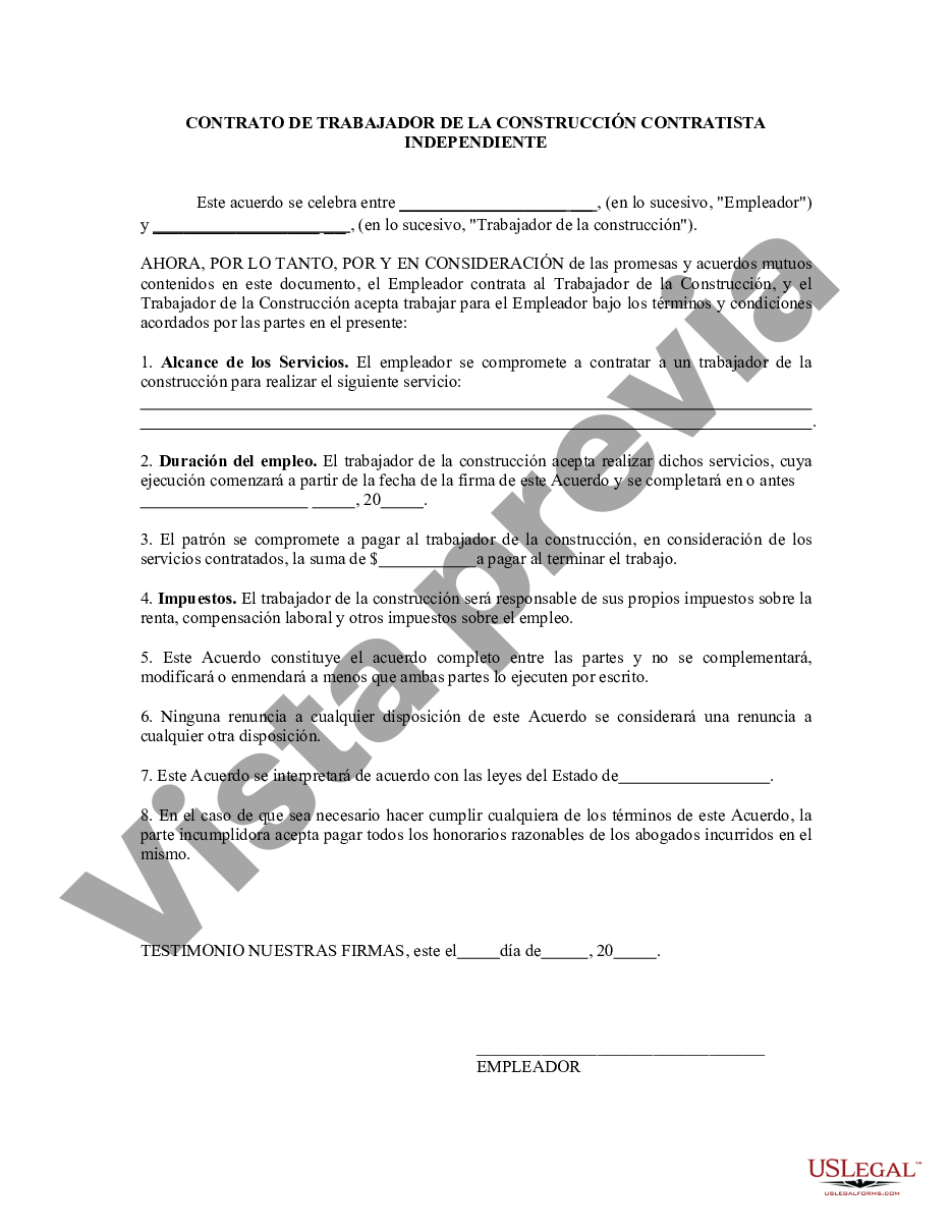 Acuerdo de contratista independiente para la construcción | US Legal Forms