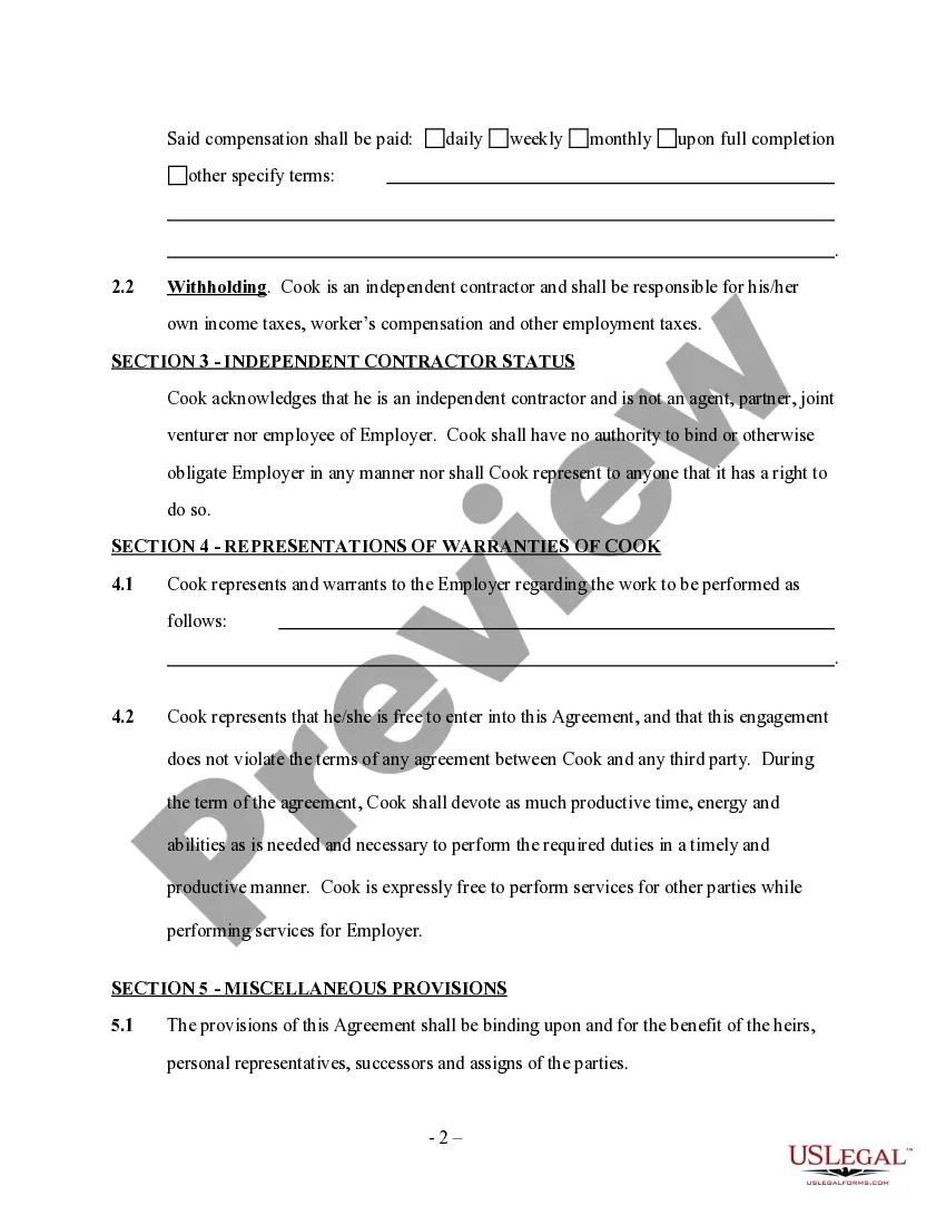 Get Cook Services Contract - Self-Employed Preview Cook Services Contract - Self-Employed